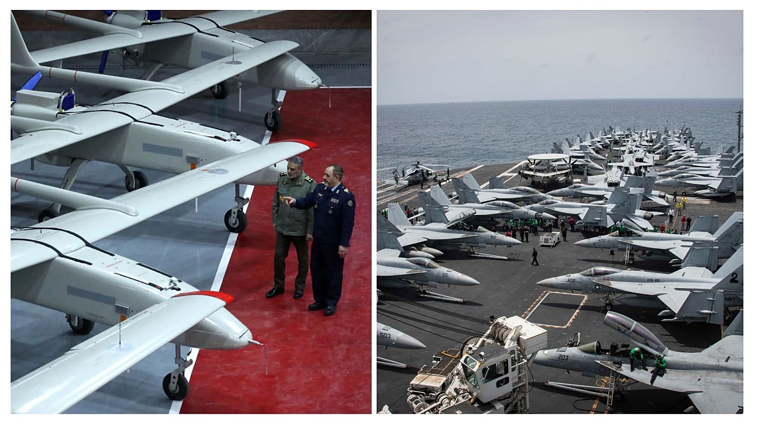 وزیر دفاع و فرمانده ارتش ایران در مراسم تحویل پهپادهای ساخت داخل به ارتش روز دوشنبه ۱۳ ژانویه ۲۰۲۵ (چپ) ناو «یو‌اس‌اس آبراهام لینکلن» در مه ۲۰۱۹ (راست)