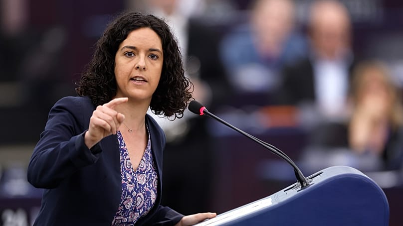 Co-chair of the The Left parliamentary group, Manon Aubry, addresses the plenary at the European Parliament in Strasbourg. (AP Photo/Jean-Francois Badias)