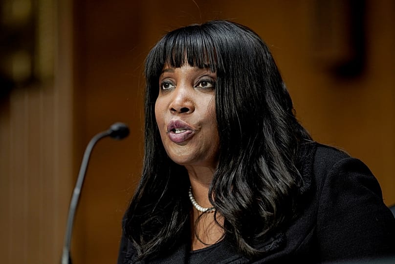 FILE. Lisa Cook, then a nominee to be a member of the Fed Board of Governors, speaks during a hearing.  3 Feb. 2022.