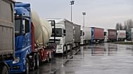 Protesting trucks line up on the Serbian side of the border with Hungary, in Horgos, 26 January 2026