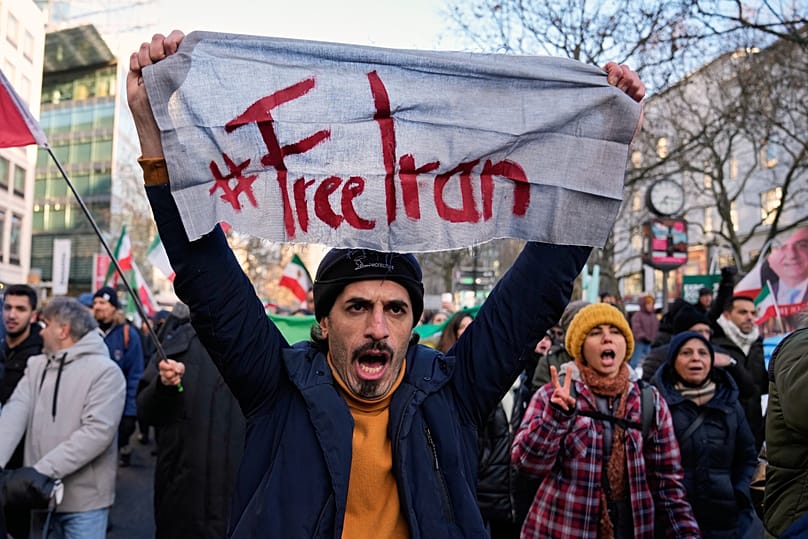 Protesters participate in a demonstration in in support of the nationwide mass protests in Iran against the government in Berlin, 10 January, 2026