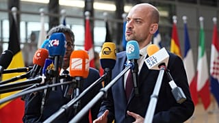 French Foreign Minister Jean-Noel Barrot speaks with the media as he arrives for a meeting of EU foreign ministers at the European Council building in Brussels, June 23, 2025.