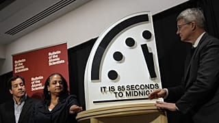 Bulletin of the Atomic Scientists members reveal the Doomsday Clock at 85 seconds to midnight in Washington, 23 January, 2026