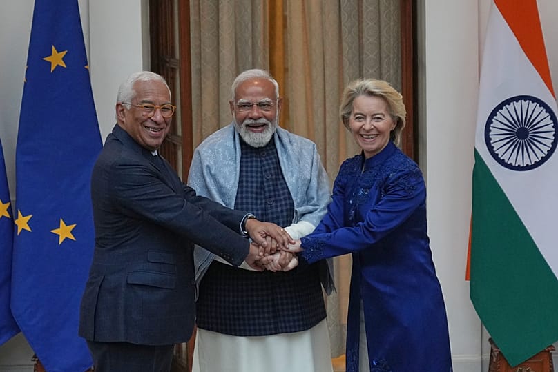 Indian Prime Minister Narendra Modi welcomes European Council President António Costa and European Commission President Ursula von der Leyen in New Delhi, 27 January, 2026
