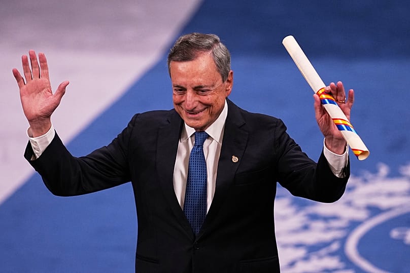 Former Central Bank President Mario Draghi waves after receiving the Princess of Asturias Awards during a ceremony in Oviedo, 24 October, 2025
