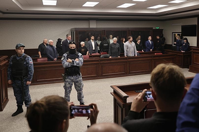 Eight men tried on terrorism charges over a 2022 attack on the Kerch Bridge linking Russia to Crimea in a military court in Rostov-on-Don, 27 November, 2025