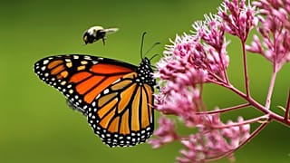 Un abejorro sobrevuela a una mariposa monarca mientras liba néctar en un eupatorio, el miércoles 28 de agosto de 2019, en Freeport, Maine.