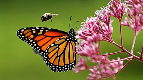 A monarch butterfly is buzzed by a bumblebee as it sips nectar on a Joe Pye weed, Wednesday, Aug. 28, 2019, in Freeport, Maine. 