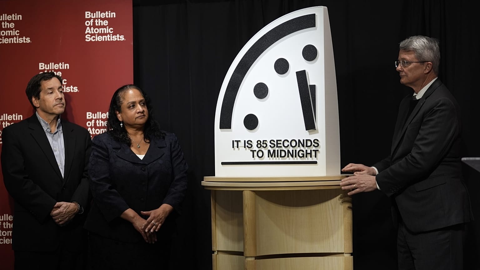 The Bulletin of the Atomic Scientists members, from left, Jon B. Wolfsthal, Asha M. George and Steve Fetter reveal the Doomsday Clock, set to 85 seconds to midnight.