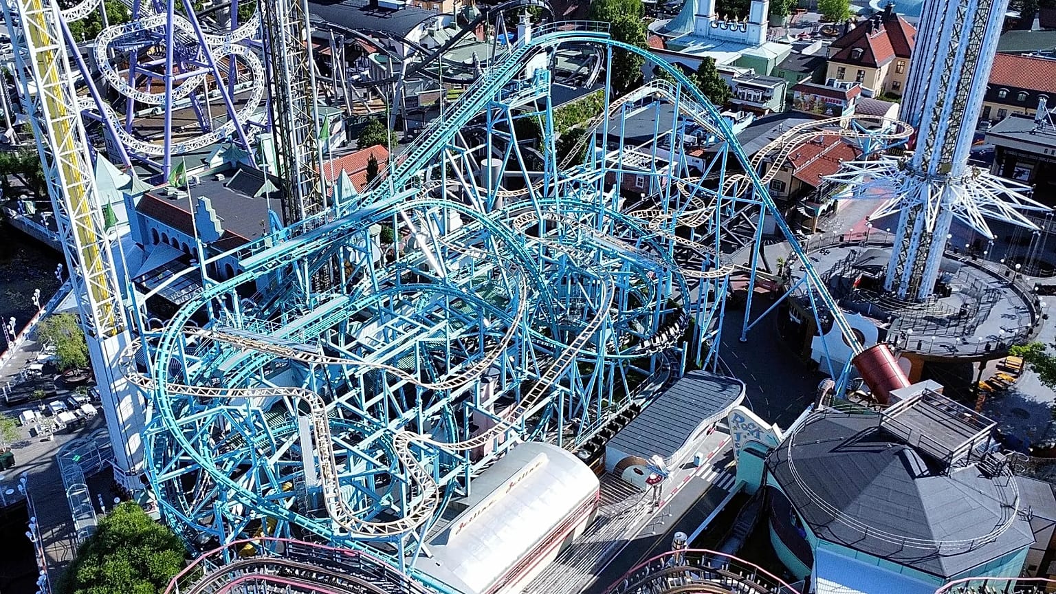 Aerial picture of the Jetline rollercoaster at Gröna Lund amusement park in Stockholm, 26 June, 2023