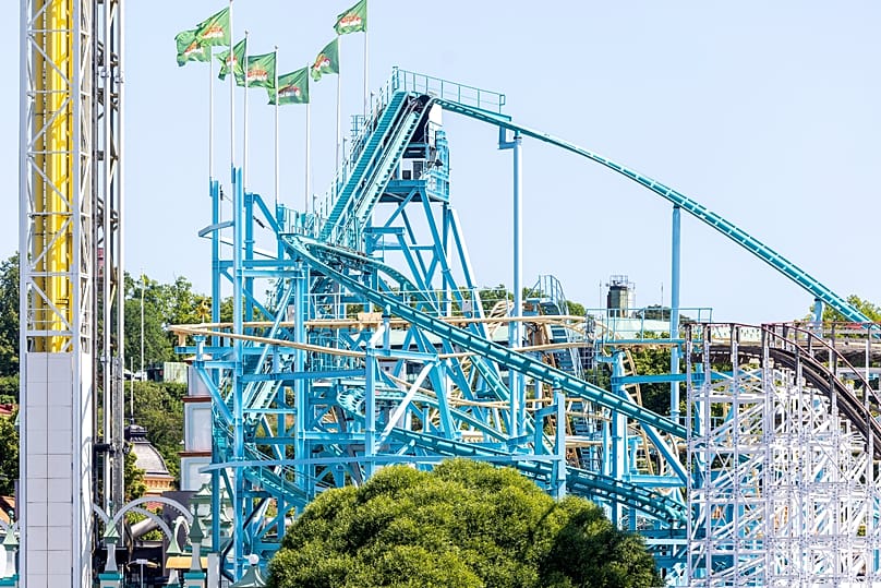 Aerial picture of the Jetline rollercoaster at Gröna Lund amusement park in Stockholm, 26 June, 2023