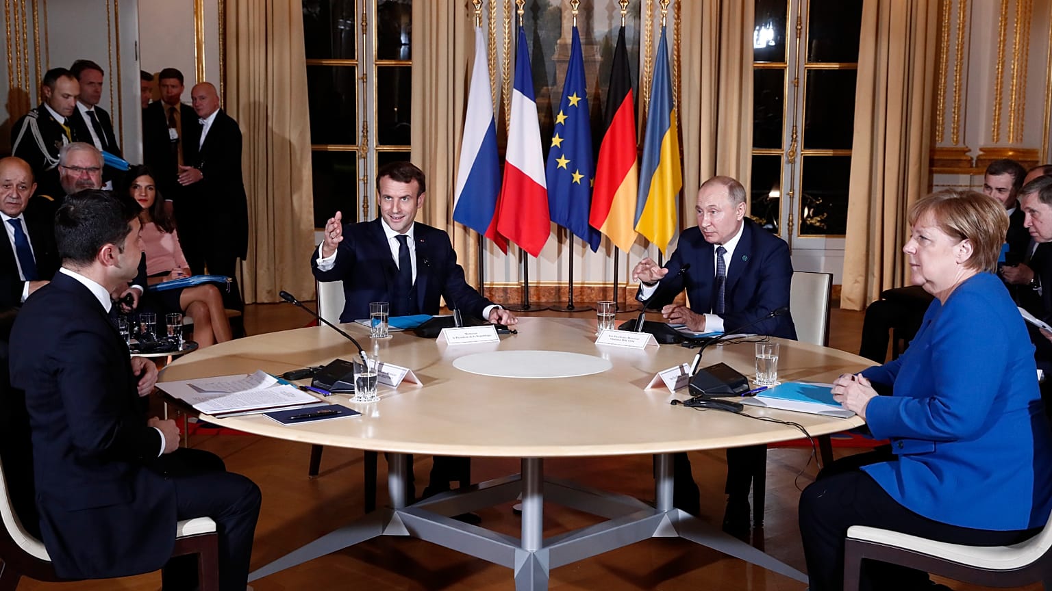 Zelenszkij, Macron, Putyin és Angela Merkel Moszkvában, 2019-ben