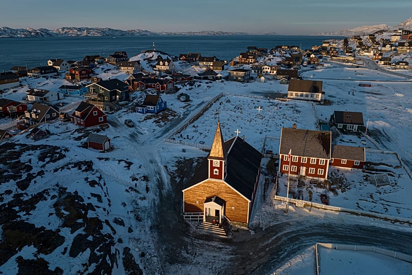 A church is seen near the coast of a sea inlet of Nuuk, 25 January, 2026