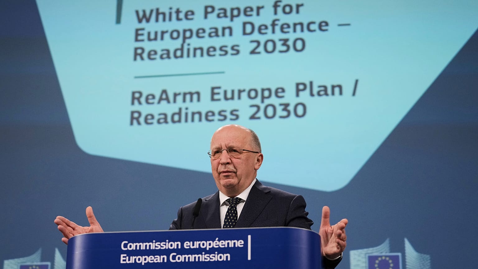 European Commissioner for Defense and Space Andrius Kubilius speaks during a media conference regarding the White Paper on the Future of European Defence and the REARM Europe 