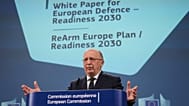 European Commissioner for Defense and Space Andrius Kubilius speaks during a media conference regarding the White Paper on the Future of European Defence and the REARM Europe 
