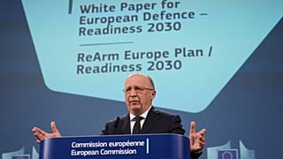 European Commissioner for Defense and Space Andrius Kubilius speaks during a media conference regarding the White Paper on the Future of European Defence and the REARM Europe 