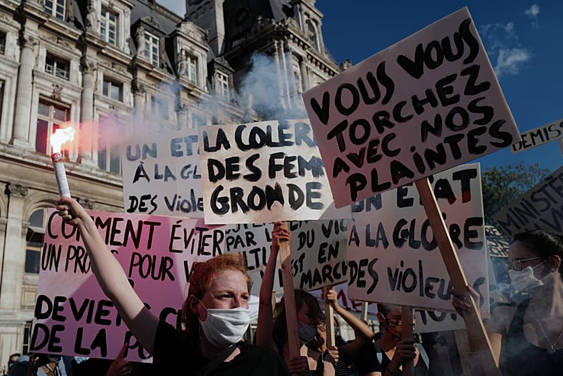 Women's rights activists protest in front of Paris city hall, 10 July, 2020