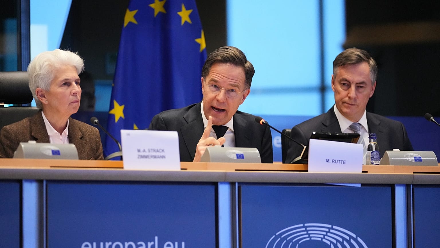 NATO Secretary General Mark Rutte, center, addresses the Security and Defence Committee at the European Parliament in Brussels.