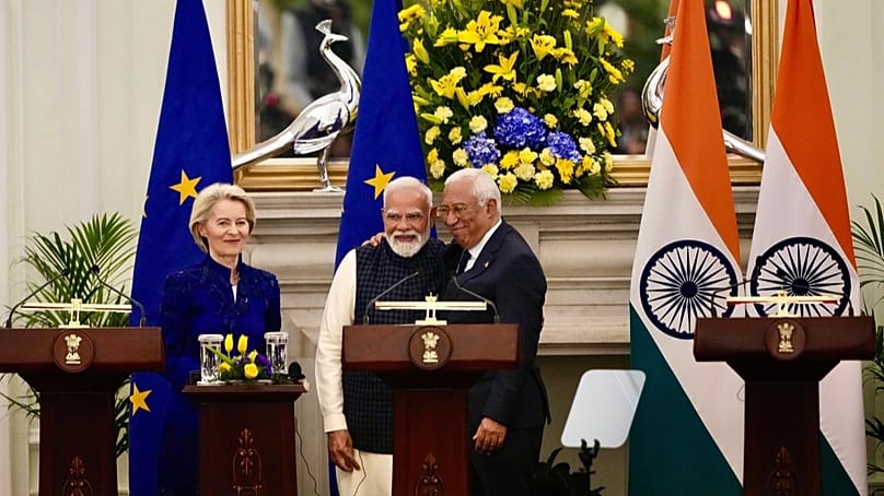 Von der Leyen, left,  Modi, center, and Costa after reaching free trade agreement in New Delhi, India, Jan. 27, 2026