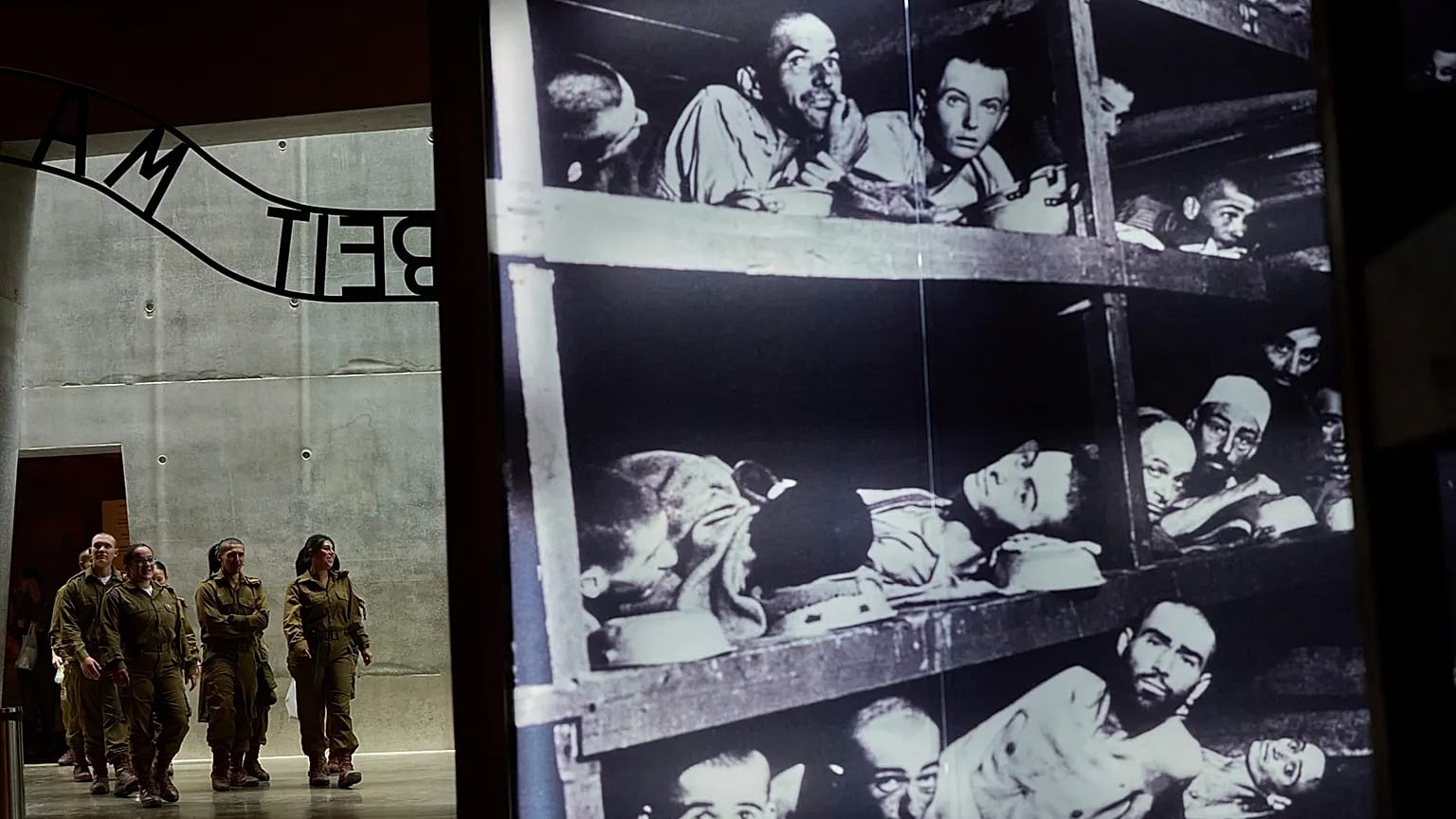 A group of Israeli soldiers looks at exhibits at the Yad Vashem Holocaust memorial in Jerusalem, 25 January, 2026