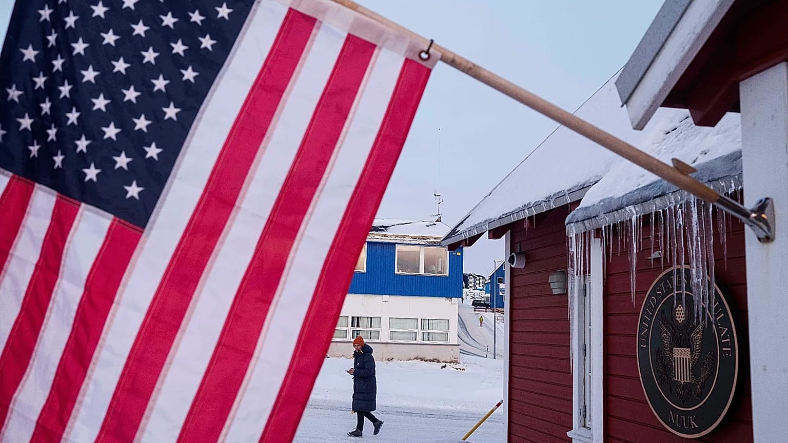 An American flag is displayed on the facade of the US consulate in Nuuk, 14 January, 2026