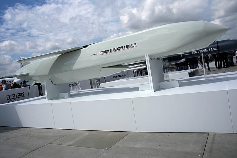 The SCALP cruise missile is on display during the Paris Air Show in Le Bourget, north of Paris, France, Monday, June 19, 2023. 