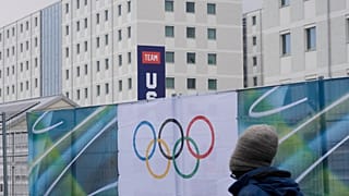 A partial view of Team USA banner, at the Olympic Village, in Milan, Italy, Thursday, Jan. 29, 2026.