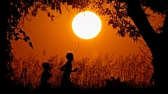 Archivfoto: Jogger zeichnen sich bei Sonnenuntergang als Silhouetten im Shawnee Mission Park ab, 26. September 2024, in Shawnee, Kansas.