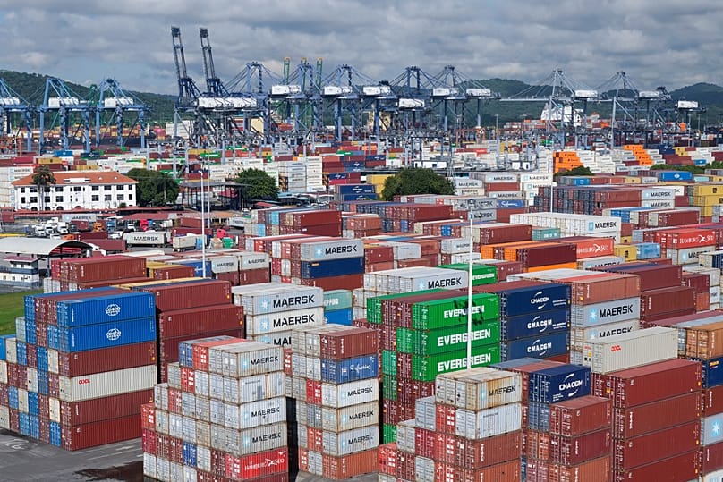 Ship containers are stacked at the Panama Canal Balboa port operated by the Panama Ports Company in Panama City, 20 September, 2025