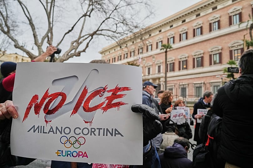 Activists demanding ICE agents not be allowed at the Milan Cortina Olympics during a protest by the +Europa party outside the US embassy in Rome on 29 January 2026