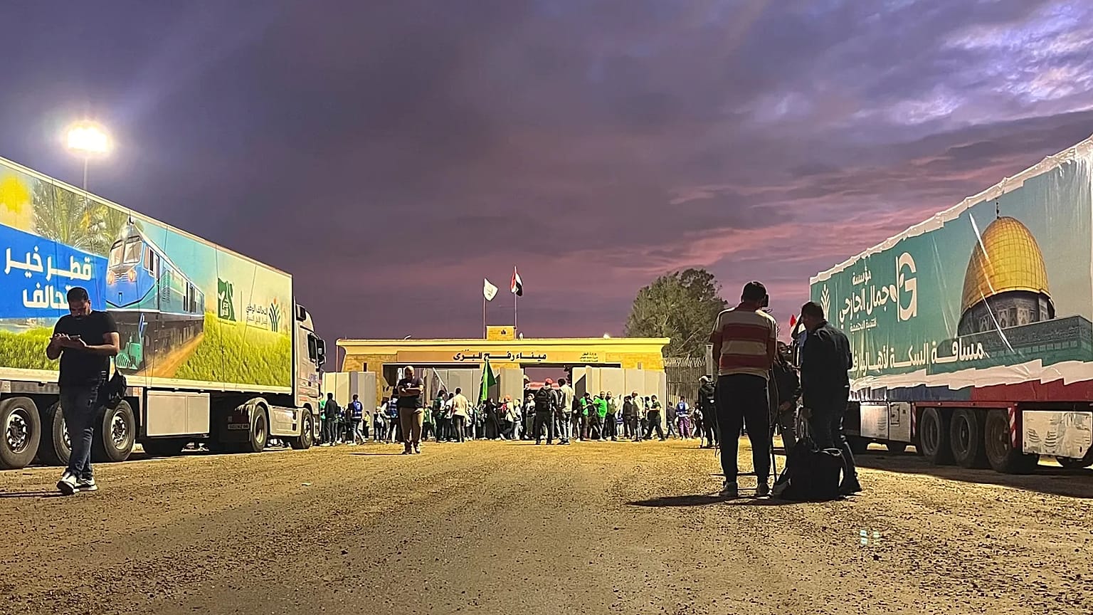 A humanitarian aid convoy for the Gaza Strip is parked at the Rafah crossing port, 17 October, 2023	