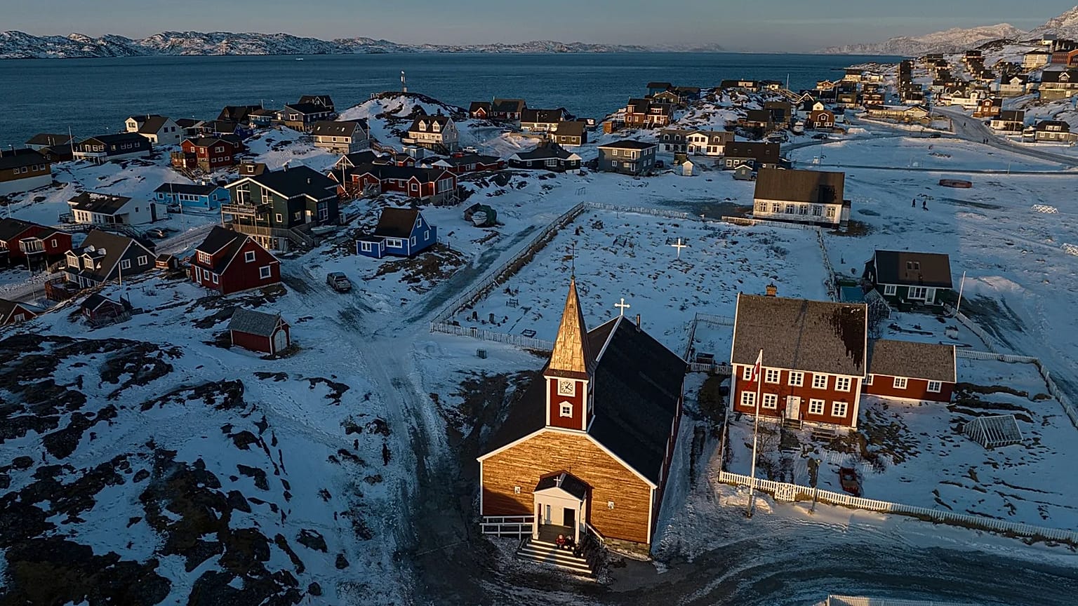A church is seen near the coast of a sea inlet of Nuuk, 25 January, 2026