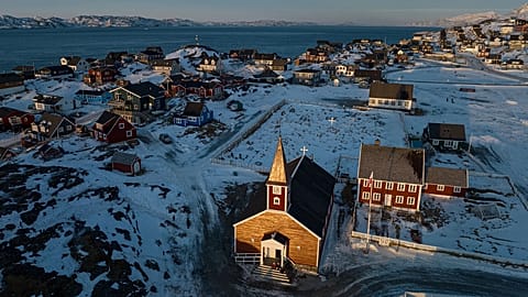 A church is seen near the coast of a sea inlet of Nuuk, 25 January, 2026