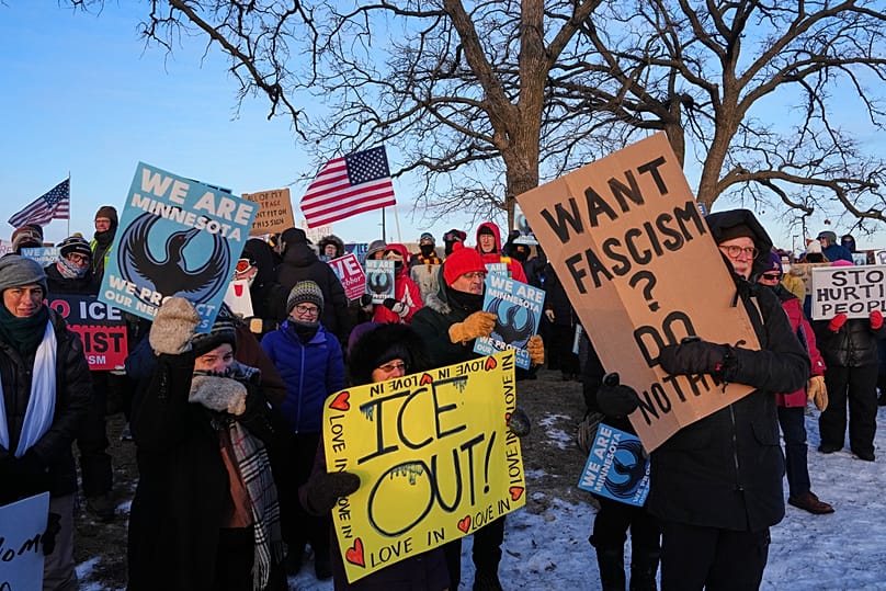 People gather for a protest outside the Bishop Henry Whipple Federal Building in Minneapolis, 30 January, 2026
