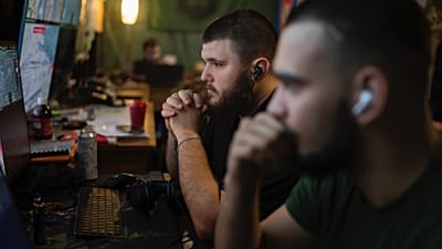 FILE: Ukrainian servicemen of Khartia brigade control the drone aerial view in the command centre in Kharkiv region, Ukraine, Wednesday, Oct. 16, 2024.