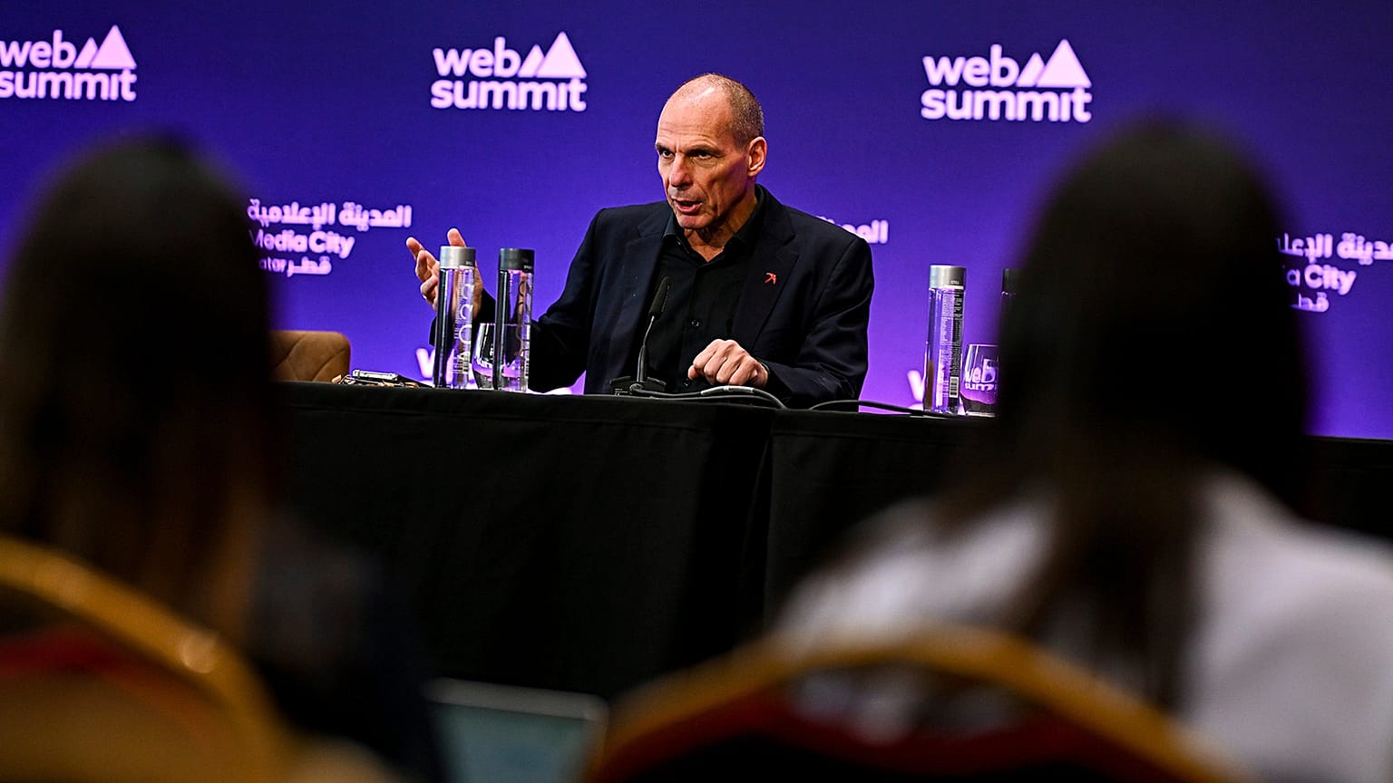 Yanis Varoufakis, economist and former Greek finance minister, speaks in a press conference during day one of Web Summit Qatar 2026 in Doha, 2 February 2026