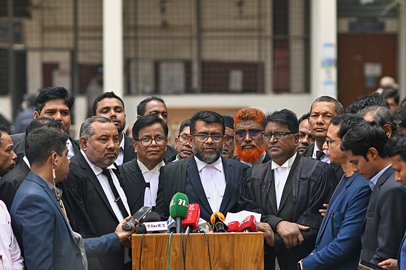 Khan Md. Moinul Ahsan, representing the Anti-Corruption Commission, speaks to the media after court sentenced Sheikh Hasina to 10 years in jail, in Dhaka, Monday, Feb. 2, 2026