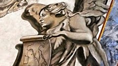 Ein Detail einer restaurierten Kapelle mit Engeln auf einem Fresko zum Gedenken an den verstorbenen italienischen König Umberto II. in der Basilika St. Lorenz in Lucina in Rom, 1. Februar 2026