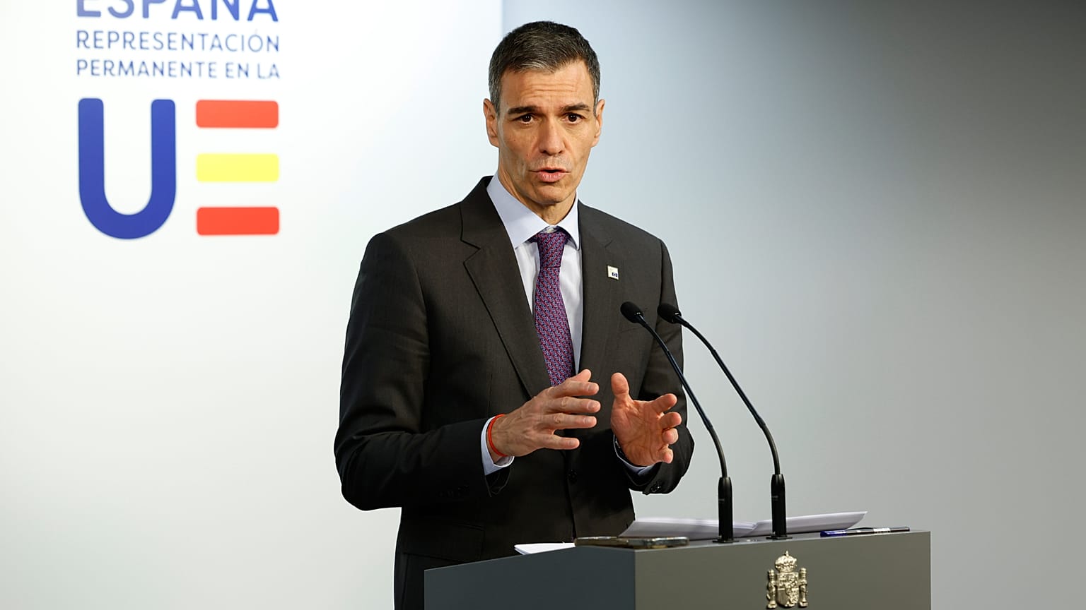 ain's Prime Minister Pedro Sanchez speaks during a media conference at the EU Summit in Brussels, Friday, Dec. 19, 2025. 