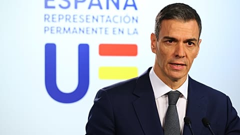 Spain's Prime Minister Pedro Sanchez speaks during a media conference at the end of the EU summit in Brussels, Friday, Jan. 23, 2026. (AP Photo/Omar Havana)