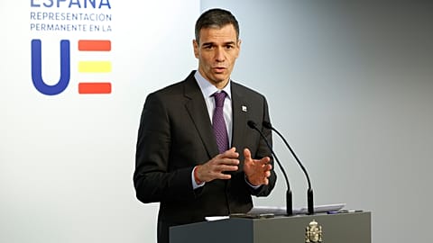 ain's Prime Minister Pedro Sanchez speaks during a media conference at the EU Summit in Brussels, Friday, Dec. 19, 2025. 