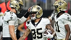 El receptor abierto de New Orleans Saints celebra un touchdown en partido de la NFL ante Atlanta Falcons, domingo cuatro de enero de 20