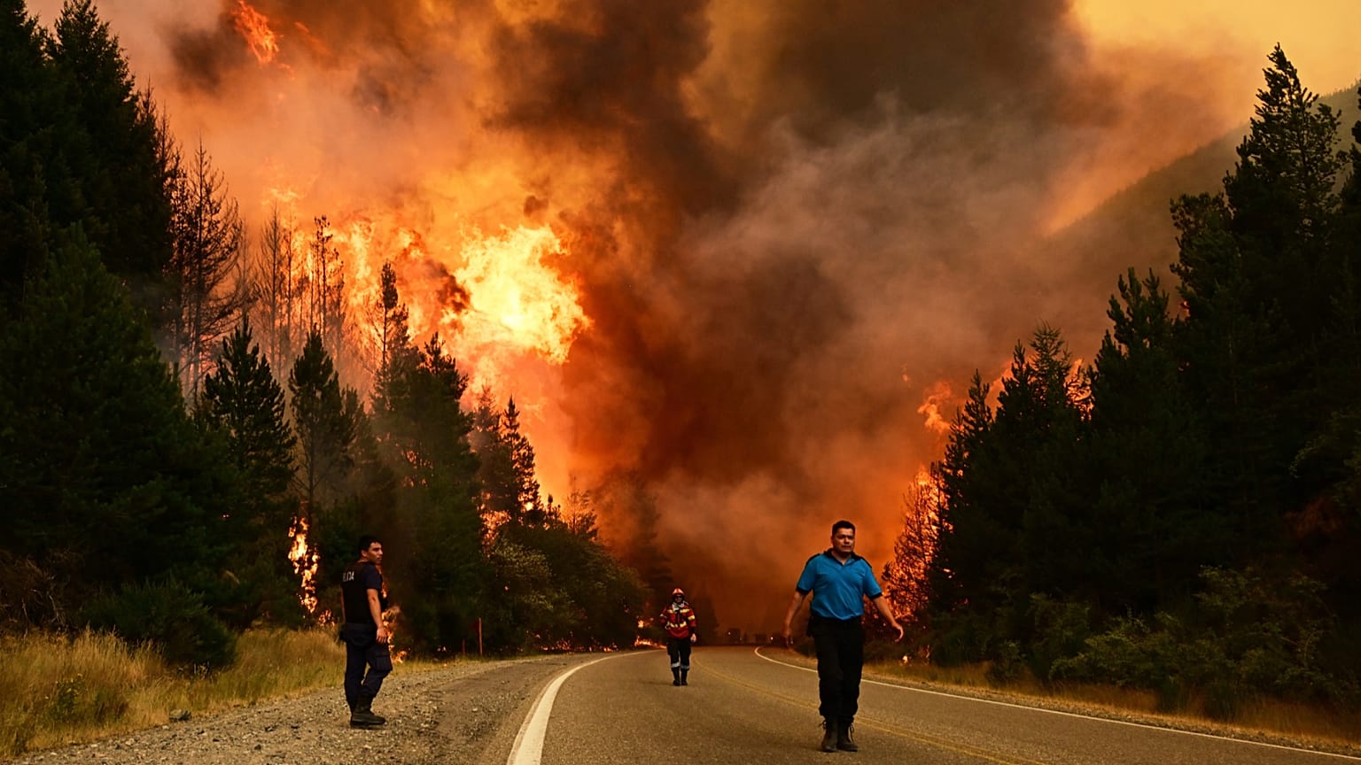Des personnes marchent sur une route tandis qu'un incendie fait rage à El Hoyo, en Patagonie, en Argentine, jeudi 8 janvier 2026.