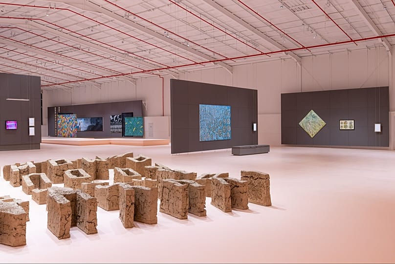 Installation view, front; Pio Abad, Vanwa (2023_2026), background right; Kamala Ibrahim Ishag, Blues for the Martyrs (2022), Lady Grown in a T