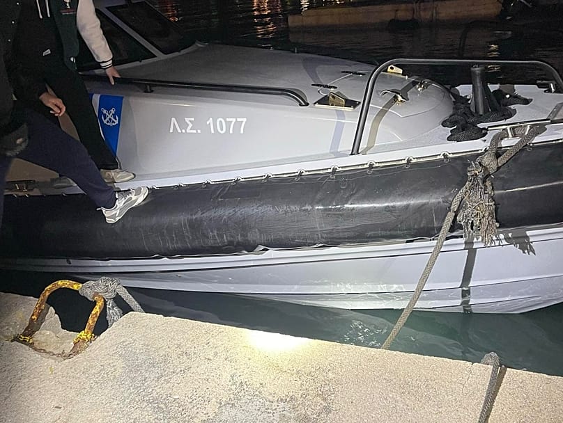 Damage sustained by a Coast Guard vessel after it collided with a speedboat carrying migrants, killing 15 people. 
