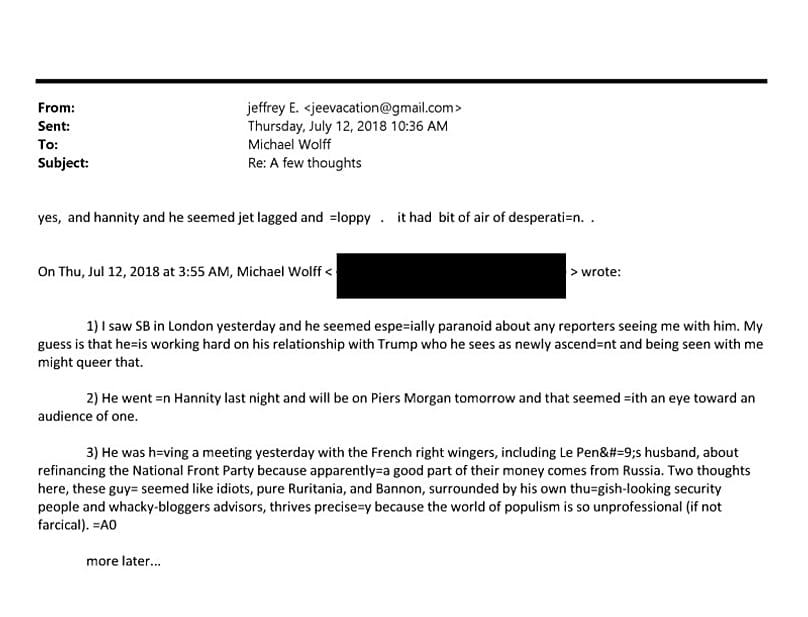 Email exchange between user under the name of Michael Wolff and Jeffrey Epstein. 