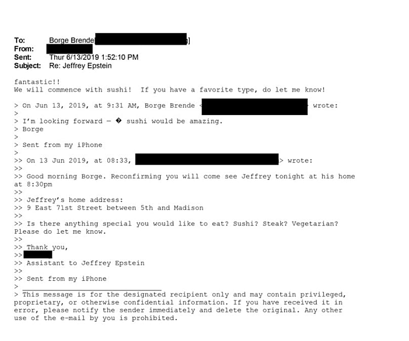 Exchange shows Brende making plans to visit Epstein's New York townhouse in 2019. 