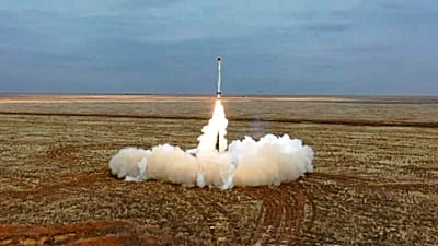 FILE - This photo taken from video provided by the Russian Defense Ministry Press Service on Saturday, Feb. 19, 2022, shows a Russian Iskander-K missile launched 