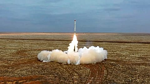 FILE - This photo taken from video provided by the Russian Defense Ministry Press Service on Saturday, Feb. 19, 2022, shows a Russian Iskander-K missile launched 