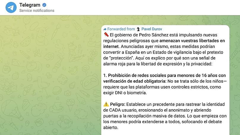 Una captura de pantalla del mensaje enviado por Dúrov